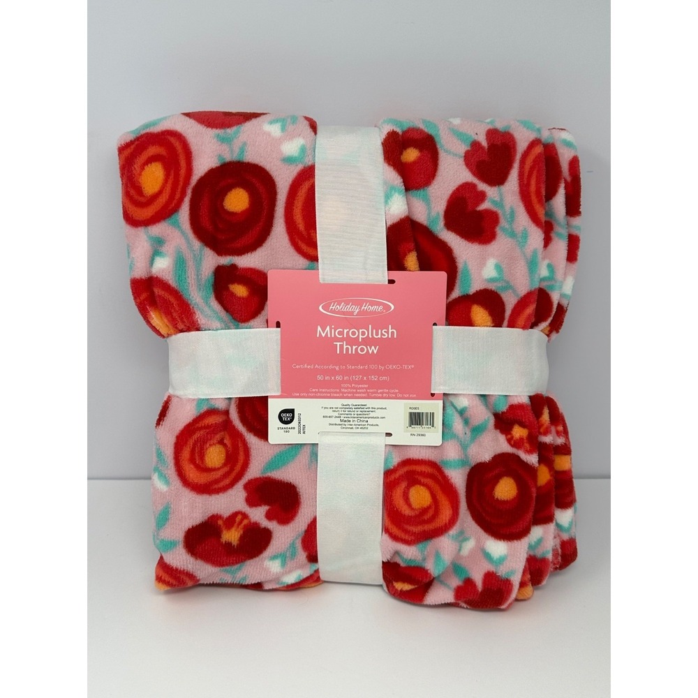 NEW!! Floral Roses Pink Red 50x60 Holiday Home Microplush Throw Blanket U8